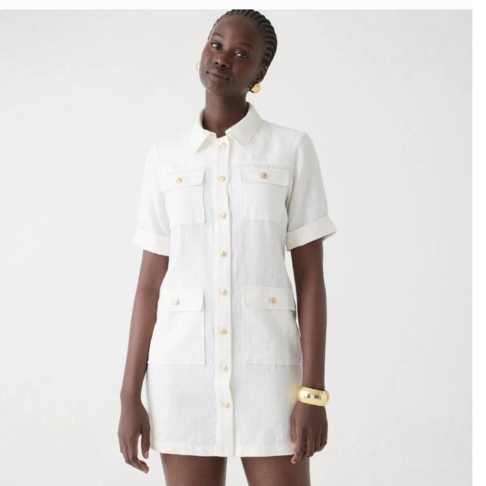 NWT J. Crew Gamine Shirtdress In White Linen Gold Button Detail 2